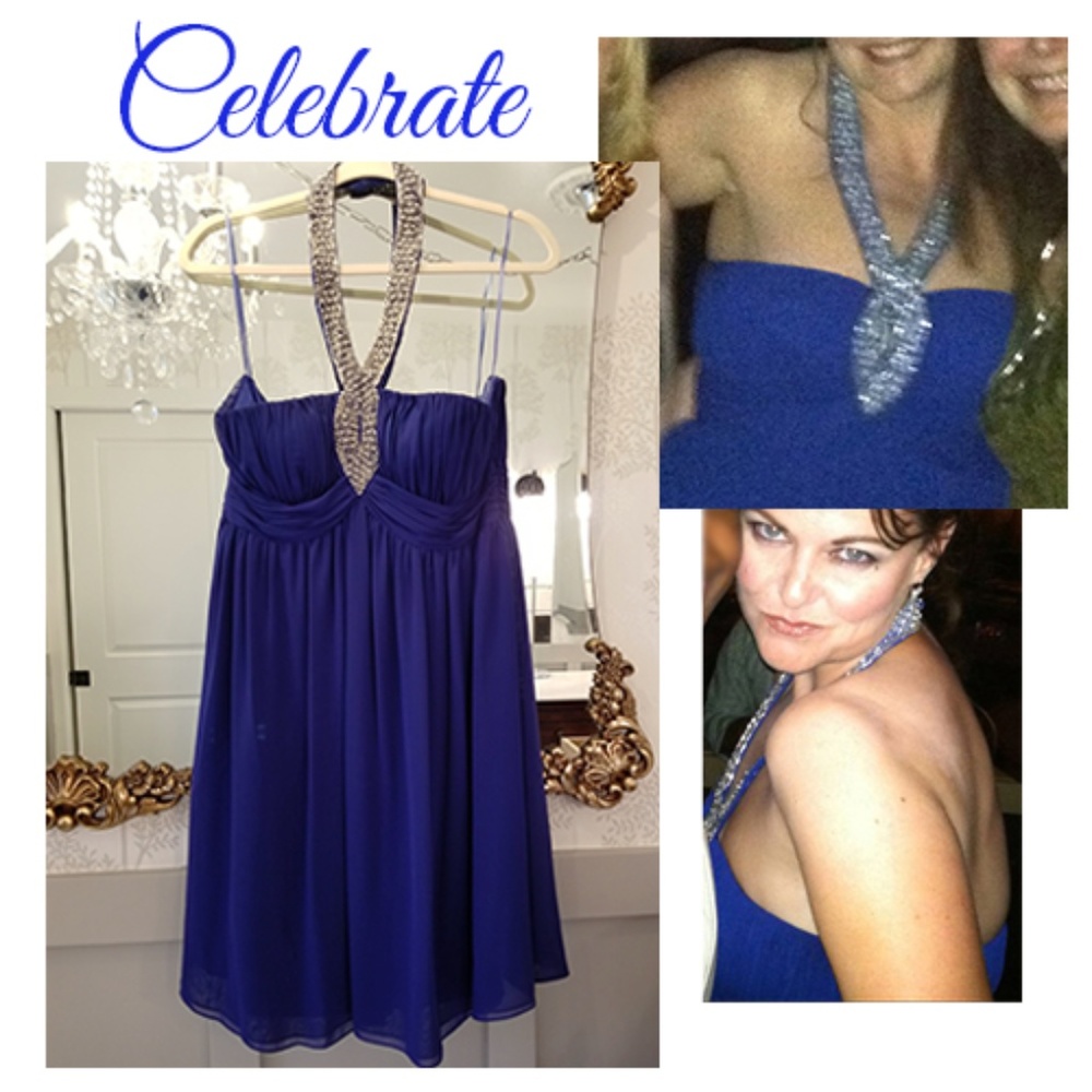 JS Boutique Cobalt Beaded Halter Cocktail Dress